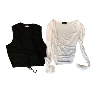 Ribbed Black Crop Top Size Large & White & Long Sleeve Crop Top L Preloved